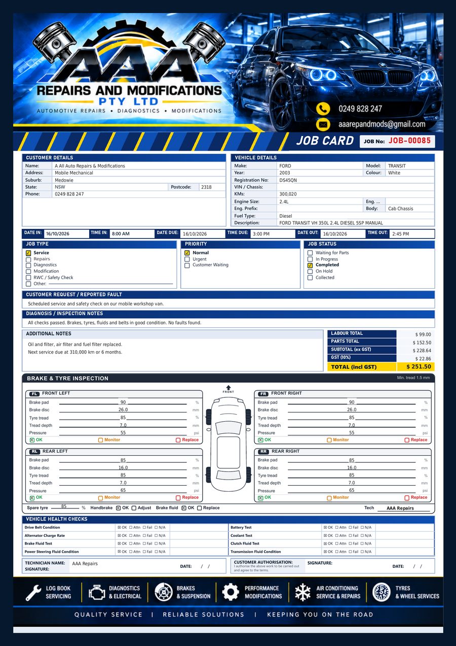 Example AAA job card for our own Ford Transit mobile workshop, DS45QN